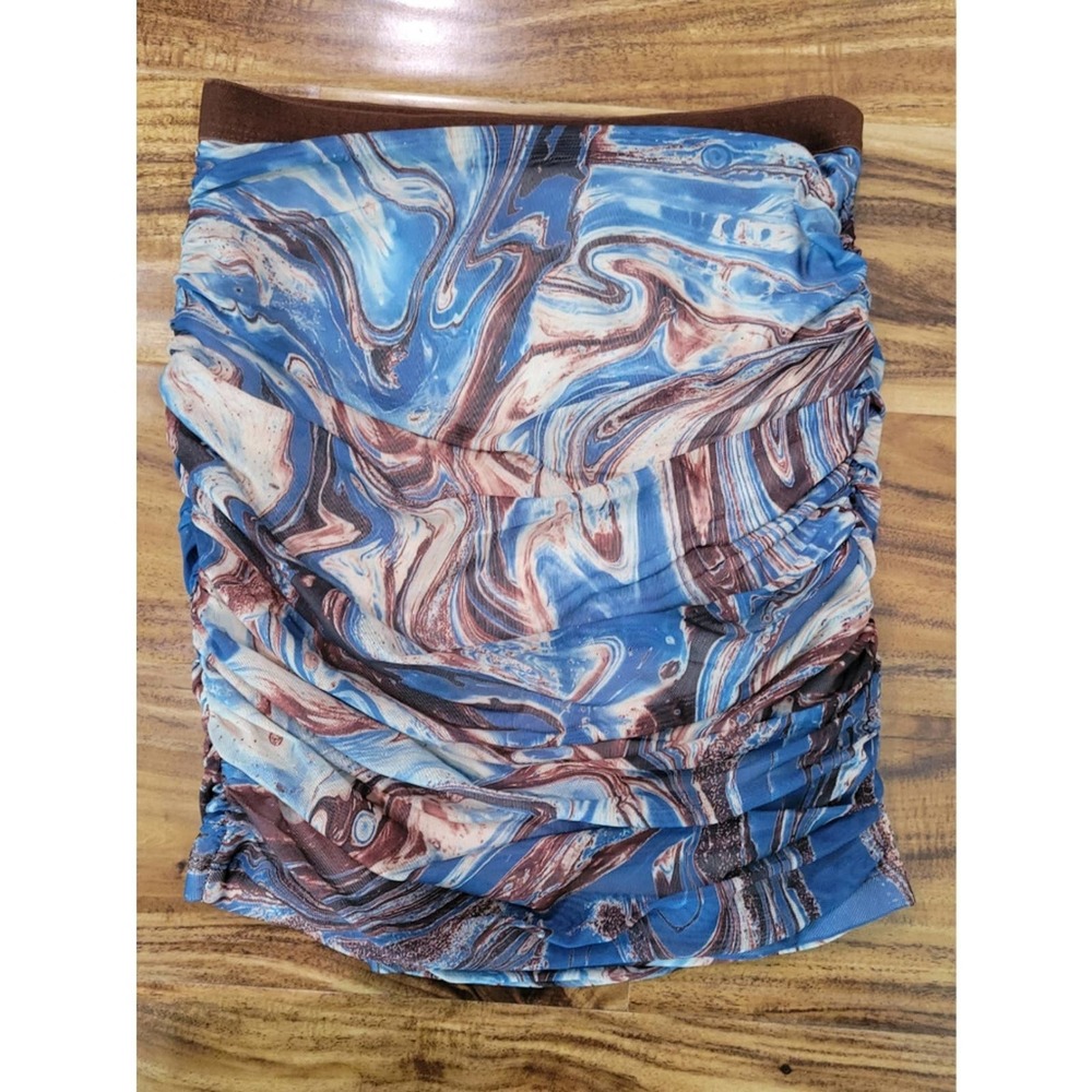 Princess Polly Brown Blue Marble Print Ruched Mini Skirt Sz 2